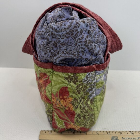 Handcrafted Multi-Color Quilted Fabric Tote Bag Zipper Closure Button Pockets - Picture 12 of 16